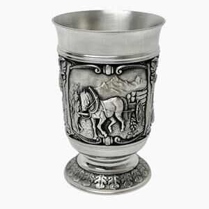 Pewter Footed Cup SKS 95 Zinn W Germany Three Raised Relief Scenes 4.75 In Tall
